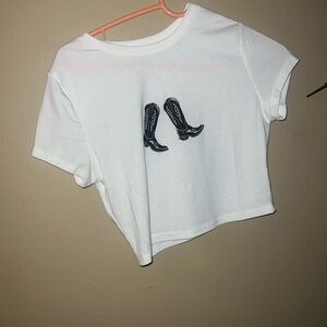 SHEIN White Crop Top with Black Boot Print